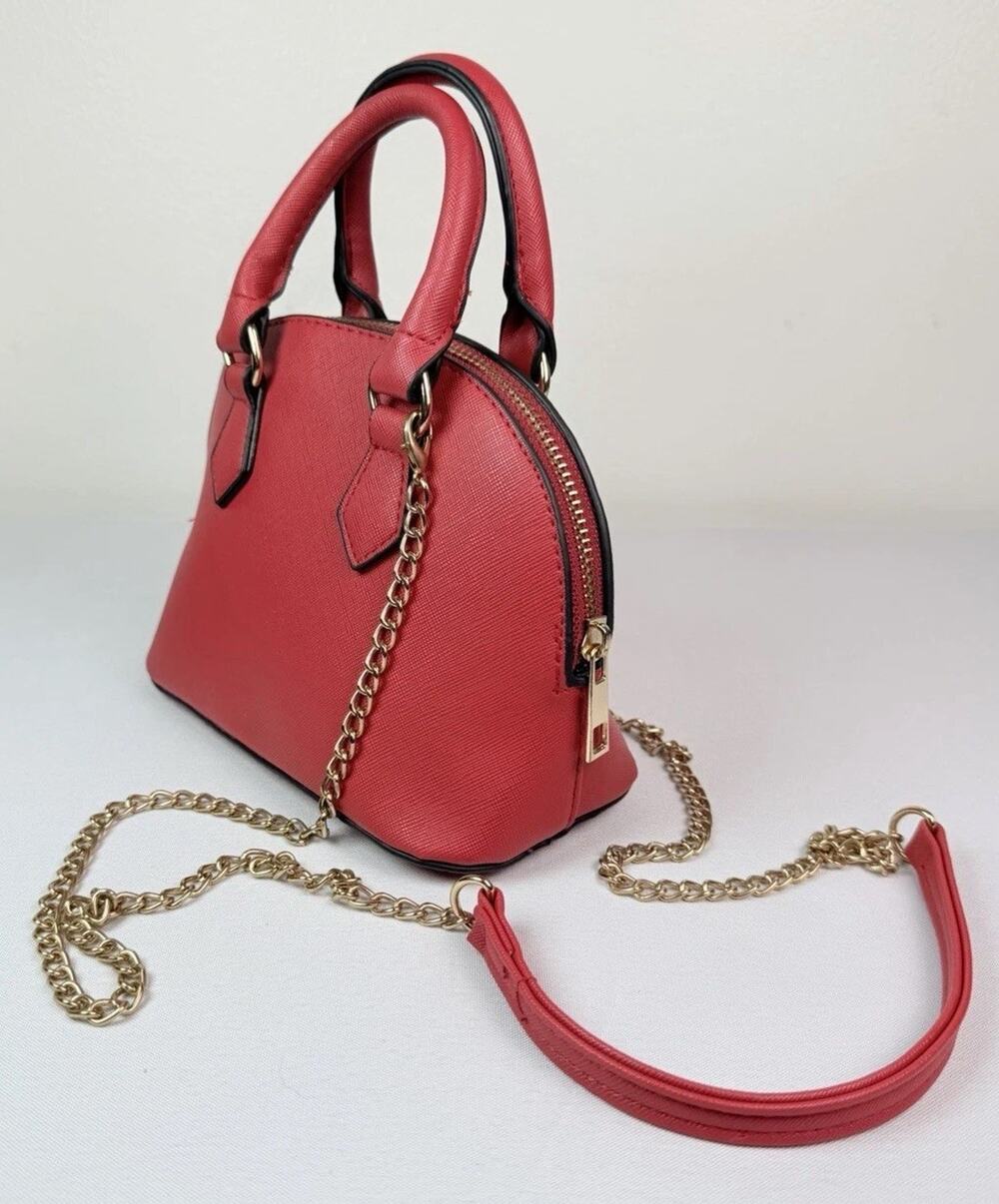 Red Saffiano Faux Leather Mini Dome Satchel Chain Strap Crossbody Bag Unbranded